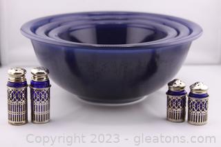 Vintage Cobalt Blue Salt & Pepper Shakers & 3 Cobalt Blue Pyrex Bowls