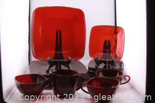 Mid Century Ruby Red Square Cups, Saucers & Plates