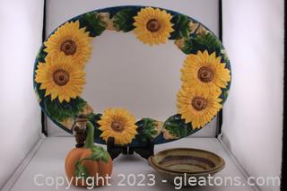 Sunflower Serving Platter, Vintage Avon Pumpkin Pilgrim Bell & Pottery bowl