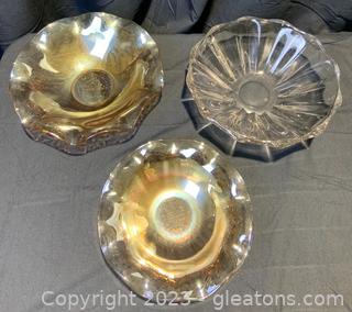 Two Ruffled Marigold Dishes and A Fluted Crystal Bowl (3pc) 