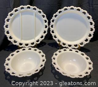 Four Pieces of Lace Edge Milk Glass- Anchor Hocking 