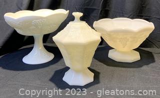 Three Milk Glass Pedestal Dishes Including Indiana Glass- Colony- Anchor Hocking 