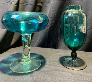 Two Hand Blown Teal Pedestal Dishes 