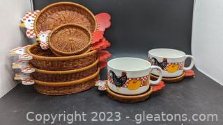 Set of 4 Rooster Dish Holders & Coasters plus 2 Rooster Soup Mugs 
