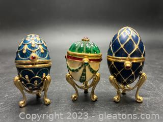 Three Jeweled Gold Gilded Miniature Trinket Boxes