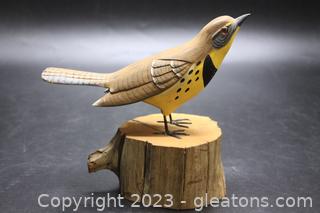 Hand Painted Carved Bird on Wooden Platform