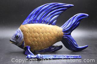 Mid Century Mixed Metal and Pottery Fish Sculpture & Glazed Pottery Piece