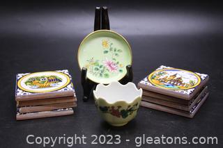 Vintage Chinese Scalloped Porcelain Egg Bowl, Small Ennamel Painted Floral Dish & Painted Tiles