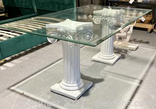 Rectangular Glass Top Table with White Pillar/Column Pedestal Base