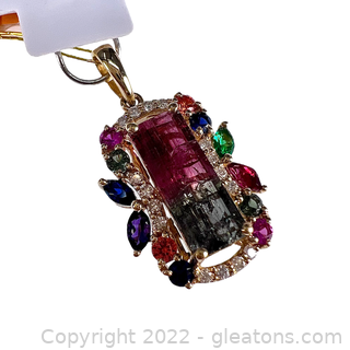 Brand New 14K 2.0 Watermelon Tourmaline, Diamond and Other Stones Pendant