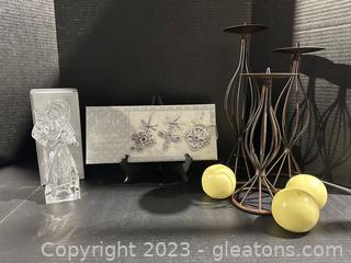 Mikasa Angel, Towel Ornaments, & International Silver Co. Metal Candle Sticks w/Round Candles (lot of 7)