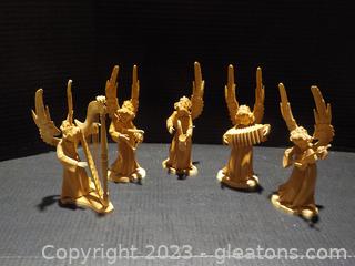 5 Hand-Carved Pine Angels with Musical Instruments