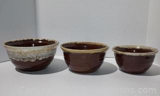 Set of 3 Monmouth Pottery Brown Drip Glaze Bowls 