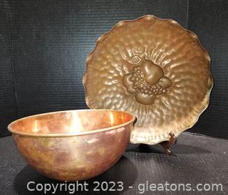 Vintage Gregoriard Solid Copper Wall Plate & Bonus Bowl 