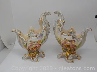 Pair of Beautiful Vintage Porcelain Rococo Style Footed Vases