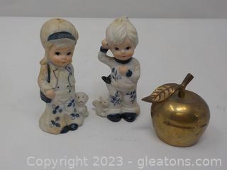 Pair of Small Blue and White Figurines by Lego of Taiwan and a Small Brass Apple Bell