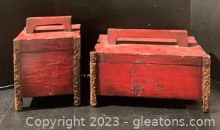 Two Asian Inspired-Red Distressed-Wooden Decor Boxes with Lids 