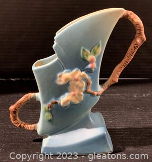 Roseville Pottery Blue Apple Blossom Vase with Twig Handles 