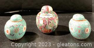 Three Ginger Jars Including a Famille and Two Turquoise Mun Shou Pieces 