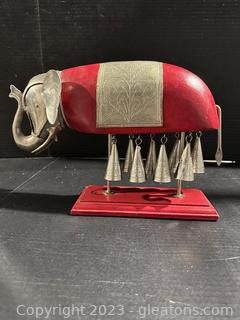 India Art Red Painted Wood & Metal Elephant w/ 9 Bells 