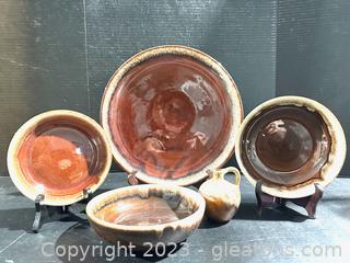 Vintage Brown Drip Platter with 3 Bowls & Small Jar (Lot of 5) 