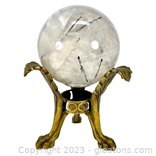 Tourmaline Quartz Gemstone Sphere on Brass Base