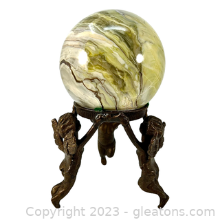 Serpentine Gemstone Sphere on Brass Base