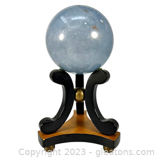 Blue Agate Gemstone Sphere on Wooden Base