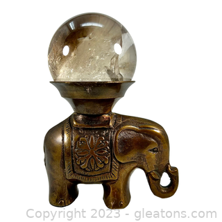 Clear Quartz Gemstone Sphere on Brass Elephant Base
