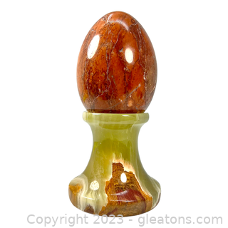 Red Jasper Gemstone Egg on Banded Calcite Base