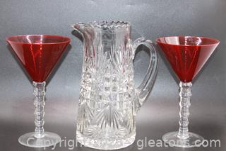 Lovely Scalloped & Etched Vintage Pitcher with 3 Twisted Ruby Red  Martini Glasses