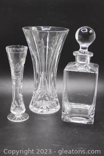 Two Etched Crystal Vases & Shendan Glass Whiskey Decanter