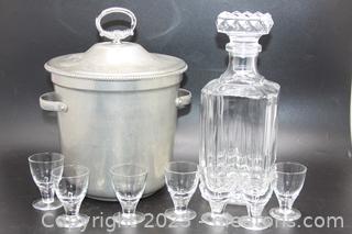 Vintage Silver Toned Ice Bucket Etched Whiskey Decanter & 7 Shot Glasses