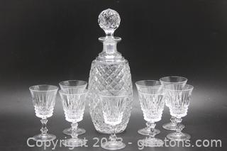 Vintage Crystal Etched Decanter with 8 Etched Crystal Glasses