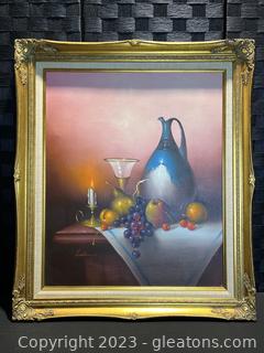  Lovely Vintage Signed, Matted & Framed Canvas Vase Fruit Still life