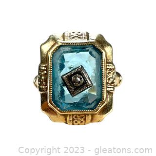 Vintage 10kt Yellow Gold Blue Glass & Diamond Ring