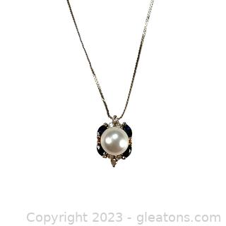 14kt Yellow Gold Pearl, Sapphire & Diamond Necklace
