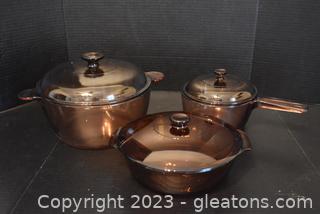 Corning Ware Visions Amber Pots with Lids & Fire King Pot w/Lid 