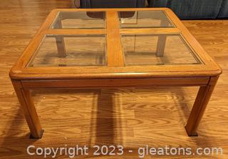 Wood Square Coffee Table w/ 4 Beveled Glass Insert Panels 
