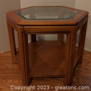 Wood Hexagon Side Table w/ Beveled Glass Insert (A) 
