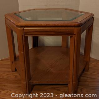Wood Hexagon Side Table w/ Beveled Glass Insert (B) 