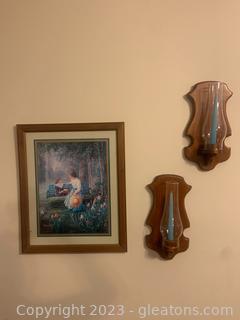 Three Piece Wall Grouping Including Framed Art and Two Candle Holders