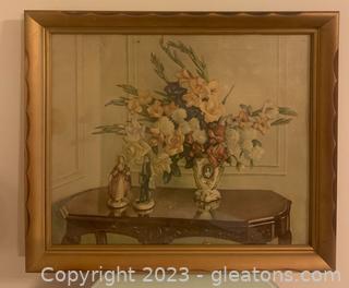 Vintage Framed Depiction of Accent Table with Figurines and Flower Arrangement