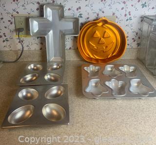 Five Cake Pans Including A Cross and A Pumpkin