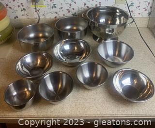 Large Vintage Stainless Steel Strainer and Nine Stainless Steel Bowls
