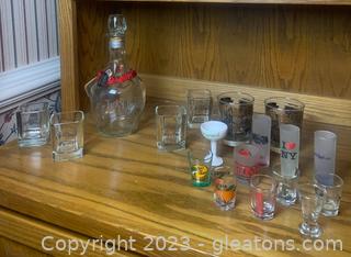 Jack Daniels “Bell of Lincoln” Bottle-J D Whiskey Glasses Various Shot Glasses