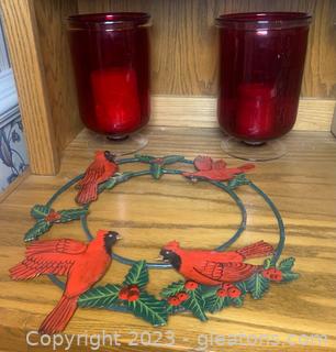 Pair of Ruby Red Pedestal Candle Holders and A Metal Cardinal Wall Decor Item