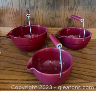 Set of Three Cranberry Ceramic Handled Mixing Bowls with Spouts