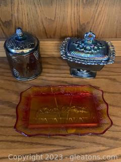 Tiara “Last Supper” Wall Plate and Two Iridescent Blue Carnival Glass Pieces