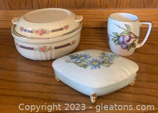 Vintage Halls “Blue Bouquet” Covered Dish and Two Other Hand Painted Items